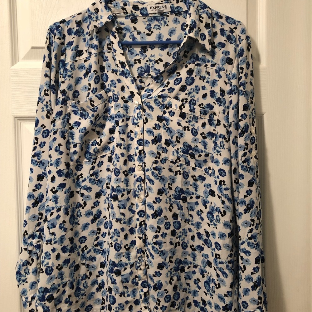 Express Portofino Blouse, Blue Floral, Size L